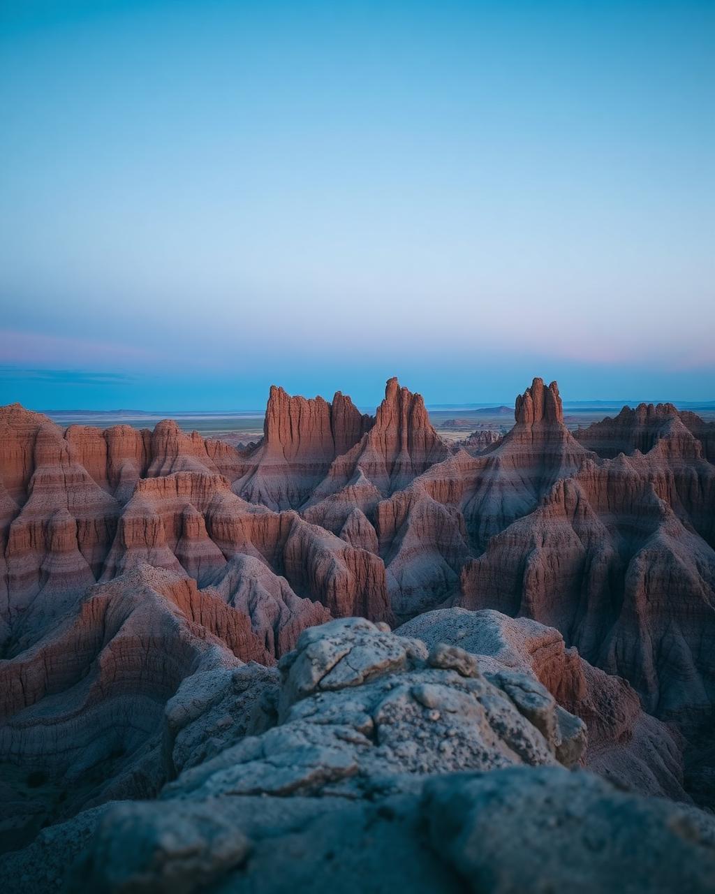 Badlands rock formations at twilight
