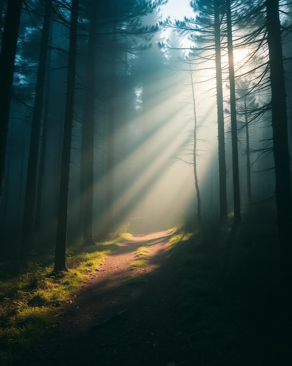 Foggy pine forest trail with light through the trees