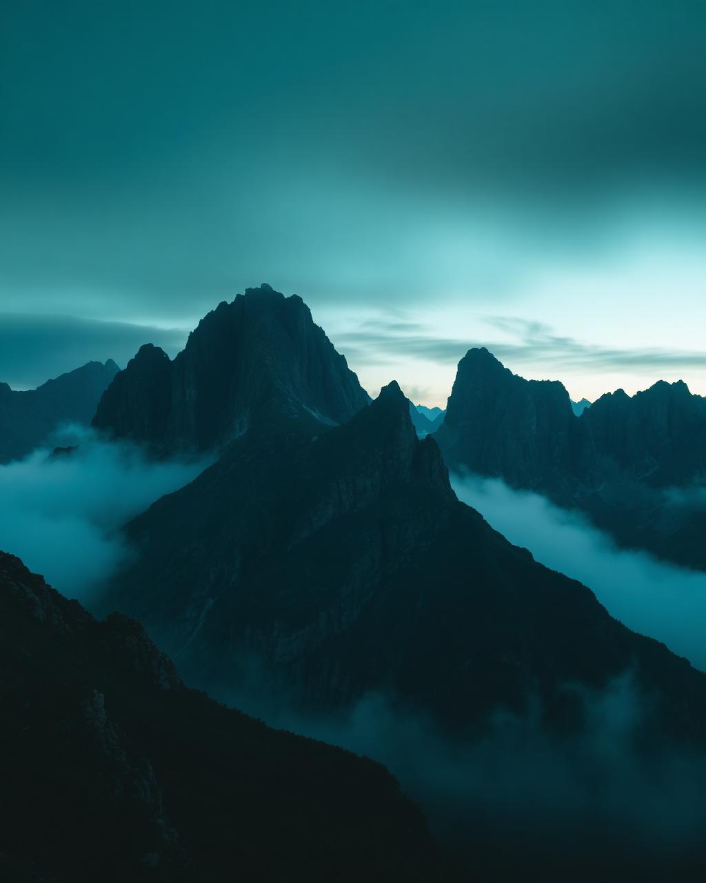 Mountain peaks above the mist at dawn