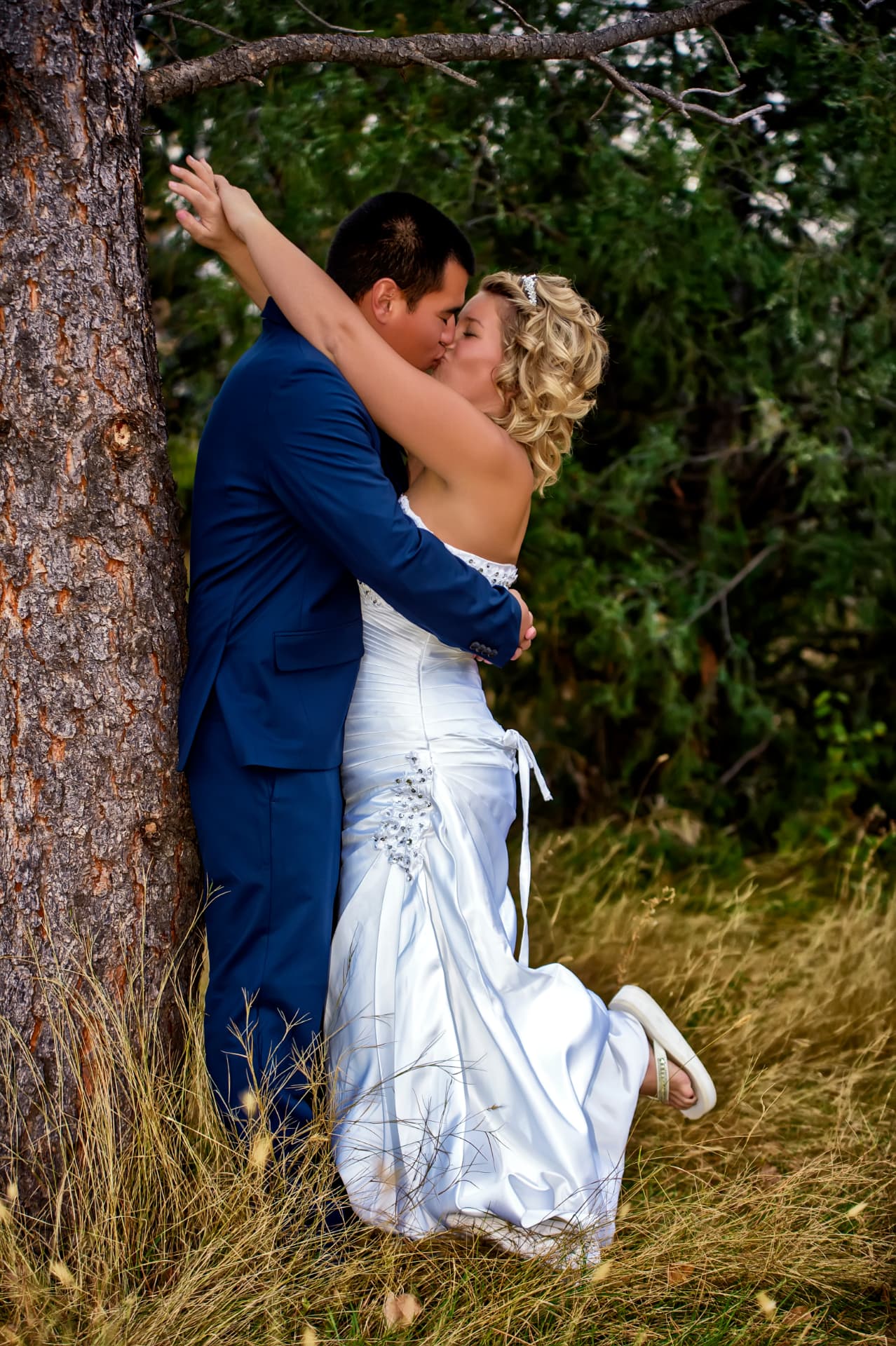 Bride and groom embracing and kissing beside a pine tree in a golden mountain meadow
